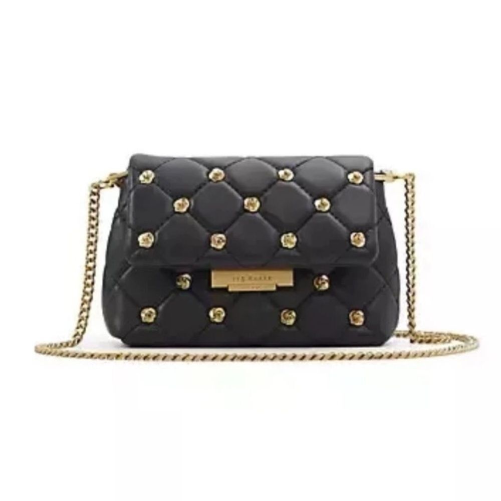 NWT Ted Baker London Ginn Black Leather Crossbody Gold Rose Studs Quilted